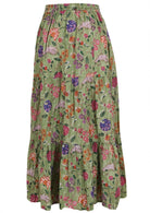 Green based multi-coloured floral print, 100% cotton skirt with elasticated waistband.
