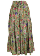 Green based multi-coloured floral print cotton skirt with elasticated waistband.