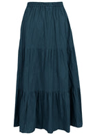 Back view of deep teal 100% cotton skirt with elasticated waistband and drawstring