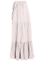 Side view of white 100% cotton skirt with elasticated waistband and drawstring