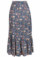 Lightweight cotton three tiered crinkled maxi skirt with elastic waist in dusty blue based floral print