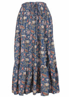 100% cotton three tiered flowy maxi skirt with elastic waist and drawstring in dusty blue based sweet floral print