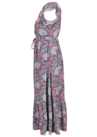 Blue based pink and white floral print rayon short sleeve dress.