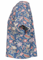 Dusty blue based floral print cotton relaxed fit top with short sleeves