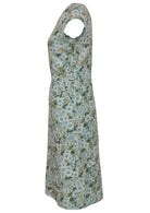 Side view of floral cotton dress with sage green based floral print.