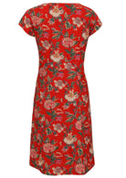Back view of floral cotton dress with bold vine-floral print in vibrant multicolours on bright red.