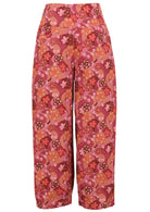 Wide leg cotton pant with Japanese-style print in pink, maroon, brown, peach, and khaki tones.