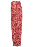 Japanese-style print cotton pant in pink, maroon, brown, peach, and khaki tones with side zip.