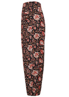 Side view of 100% cotton wide leg cotton pant with black based floral print with side zip.