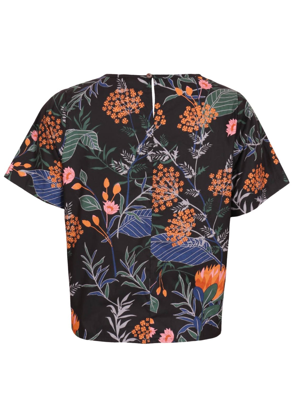 Back view of 100% cotton short sleeved black top with button closure at the nape of the neck 