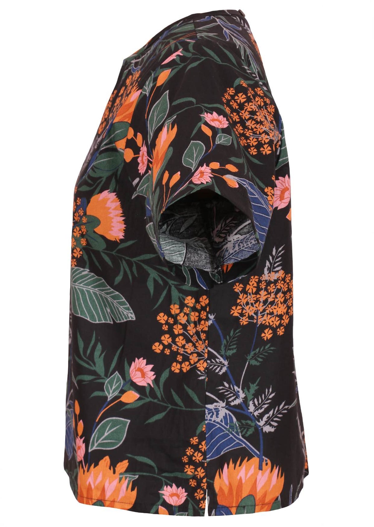 100% cotton simple loose fitting top with short sleeves and high round neckline in queen protea - botanical print on black base