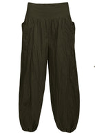 Olive green loose fit 100% cotton pants with wide flat front waistband and pockets