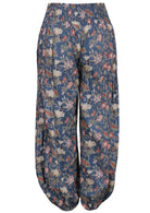 Relaxed fit cotton harem pants in dusty blue with sweet floral print, elasticated waist and ankles