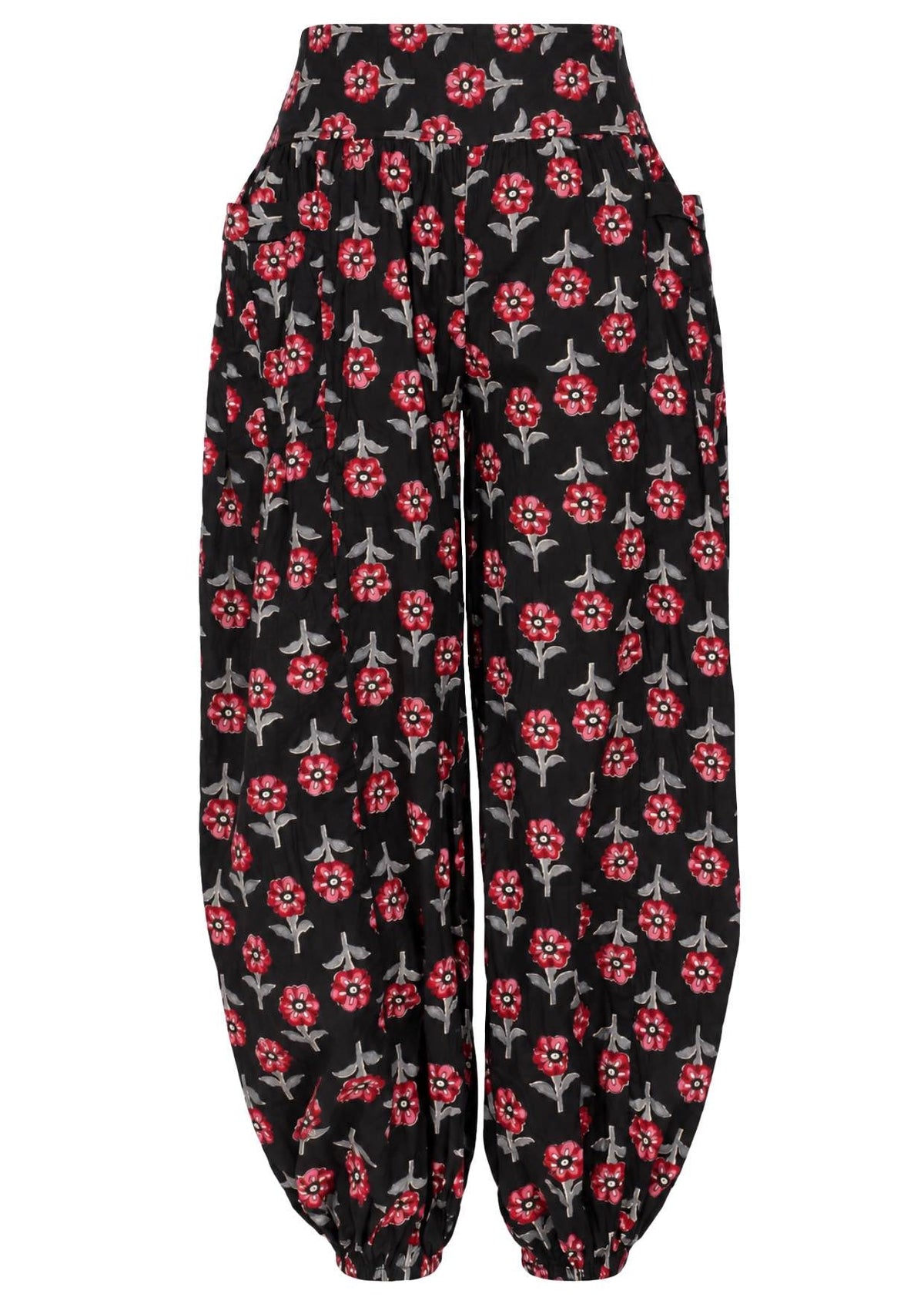 Black based floral print cotton harem pants with buttoned ankles with pockets.