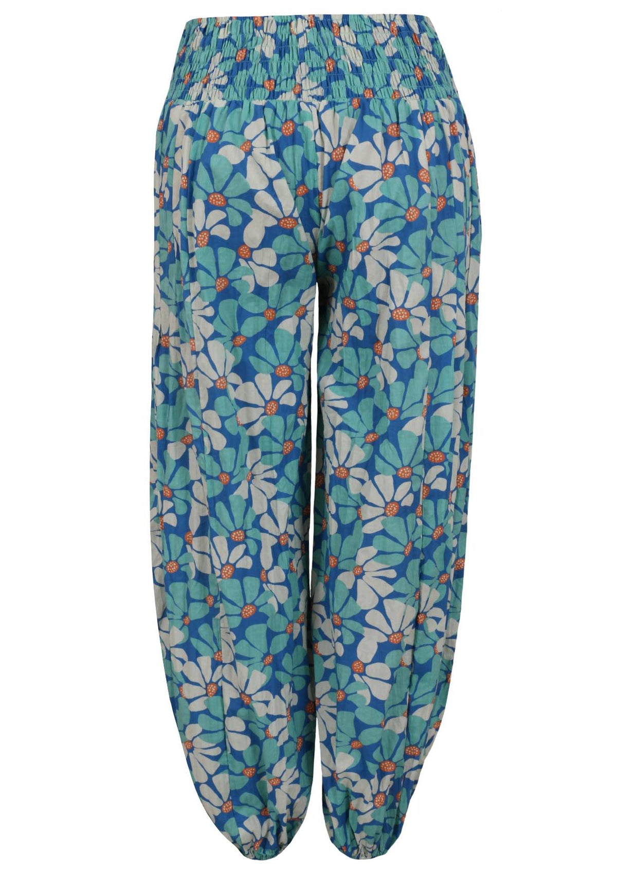 Royal blue based floral print harem cotton pants with buttoned ankles.