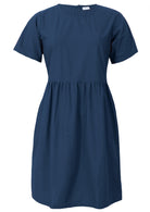 100% cotton loose fit above knee length dress in deep sea blue with short sleeves, high round neckline and small pink tucks at the waist