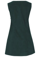 Back view of sleeveless cotton corduroy tunic in blue green, with side zip