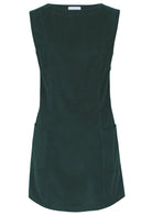 Front view of sleeveless cotton corduroy tunic in blue green, with pockets
