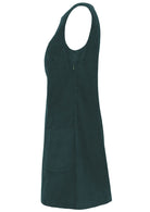 Side view of sleeveless cotton corduroy tunic in blue green, with pockets and side zip