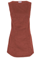 Front mannequin photo of cotton corduroy tunic in burnt henna with boat neck and front pockets