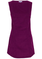 Front mannequin photo of cotton corduroy tunic in plum purple colour with boat neck and front pockets