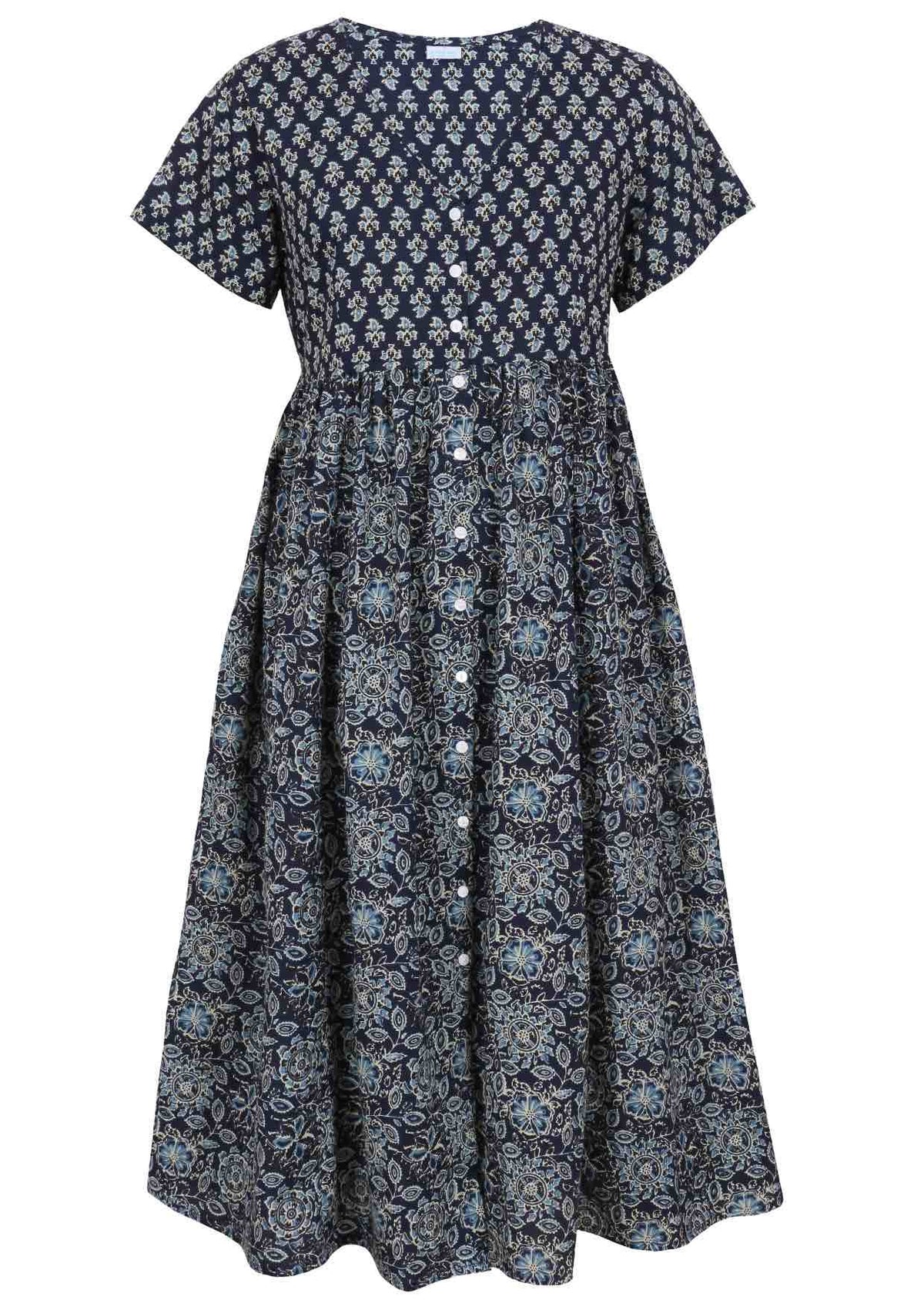 Front view of navy blue based floral print V-neck cotton dress.