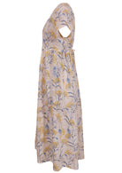 Neutral based blue and golden floral print V-neck cotton dress with pockets.