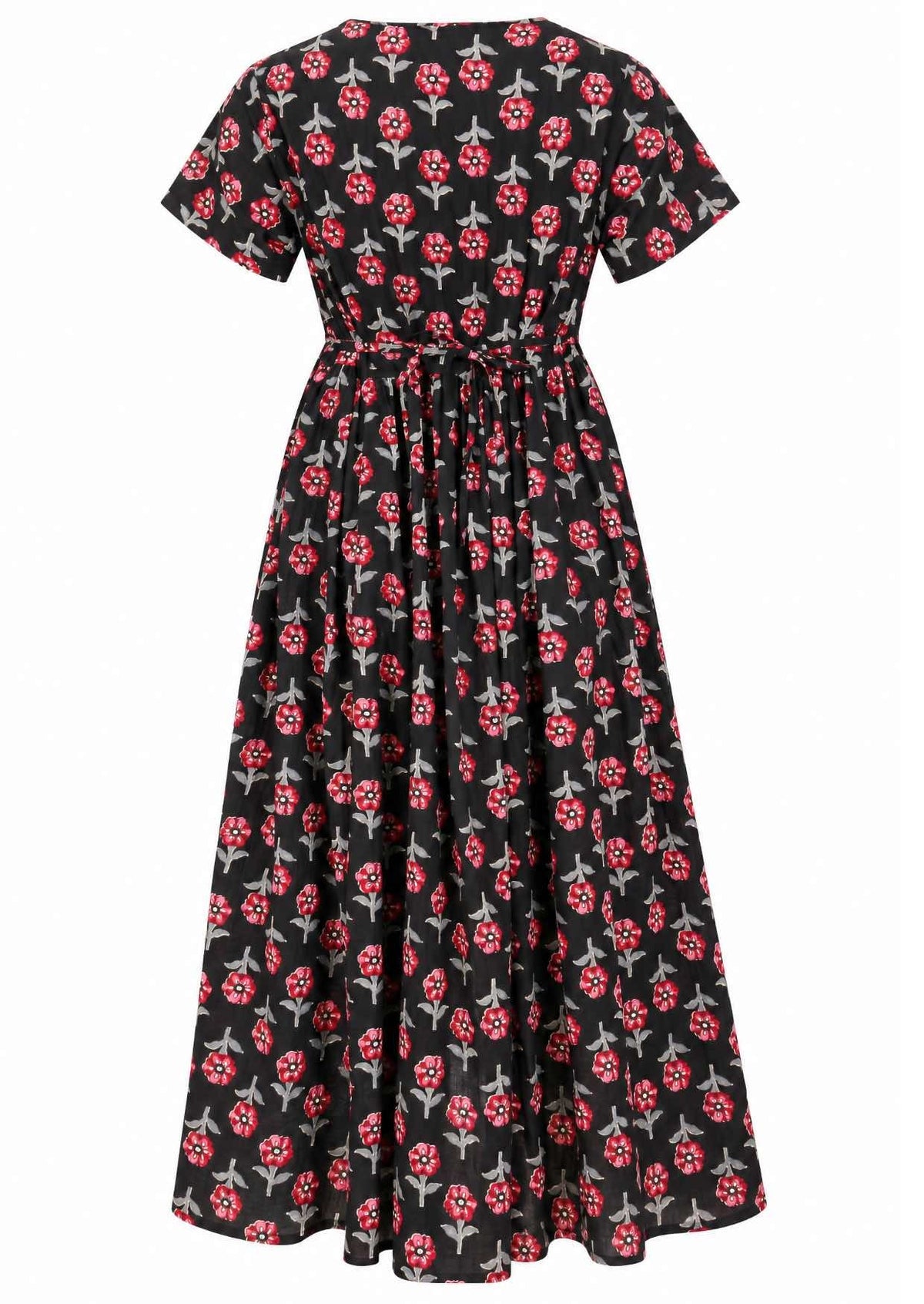 Back view of black based floral print V-neck cotton dress with pockets.