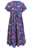 Lightweight, midi length, button-through cotton dress in navy blue with a shoestring waist tie and pockets.