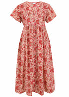 Front view of cream based warm floral print V-neck cotton dress.