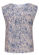 Cap sleeves cotton top with white based blue floral print on a white background.