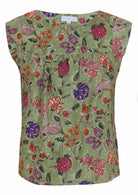 Cap sleeves cotton top with moss green based floral print on a white background.