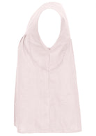Side mannequin photo of cotton sleeveless top with gathers over bust, in natural white