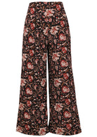Front view of women's 100% cotton wide leg pant in black based floral print