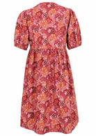 Elbow length sleeve cotton dress with Japanese-style print in pink, maroon, brown, peach, and khaki tones.
