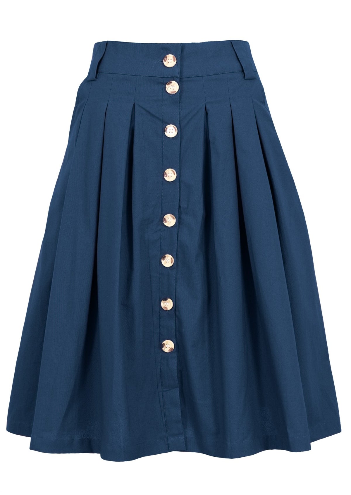 Deep sea blue knee length cotton skirt with button through front, box pleats and belt loops