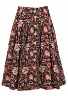 100% cotton knee length button through skirt with box pleats and belt loops in black based floral print