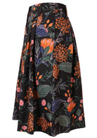 Knee length button cotton skirt with box pleats, pockets and belt loops