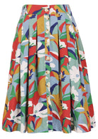 100% cotton knee length button through skirt with box pleats and belt loops in colourful floral print