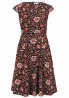 100% cotton black floral vintage dress with cap sleeves, round neckline, A line skirt and pockets