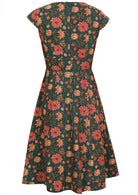 Midi length cotton dress with A-line skirt, wide piped waistband and zipper at the center of the back.