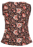 Floral print sleeveless top with rust, tan and sand tones on a black base