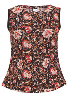 Floral print sleeveless fitted cotton top with black bias trim around the arm holes