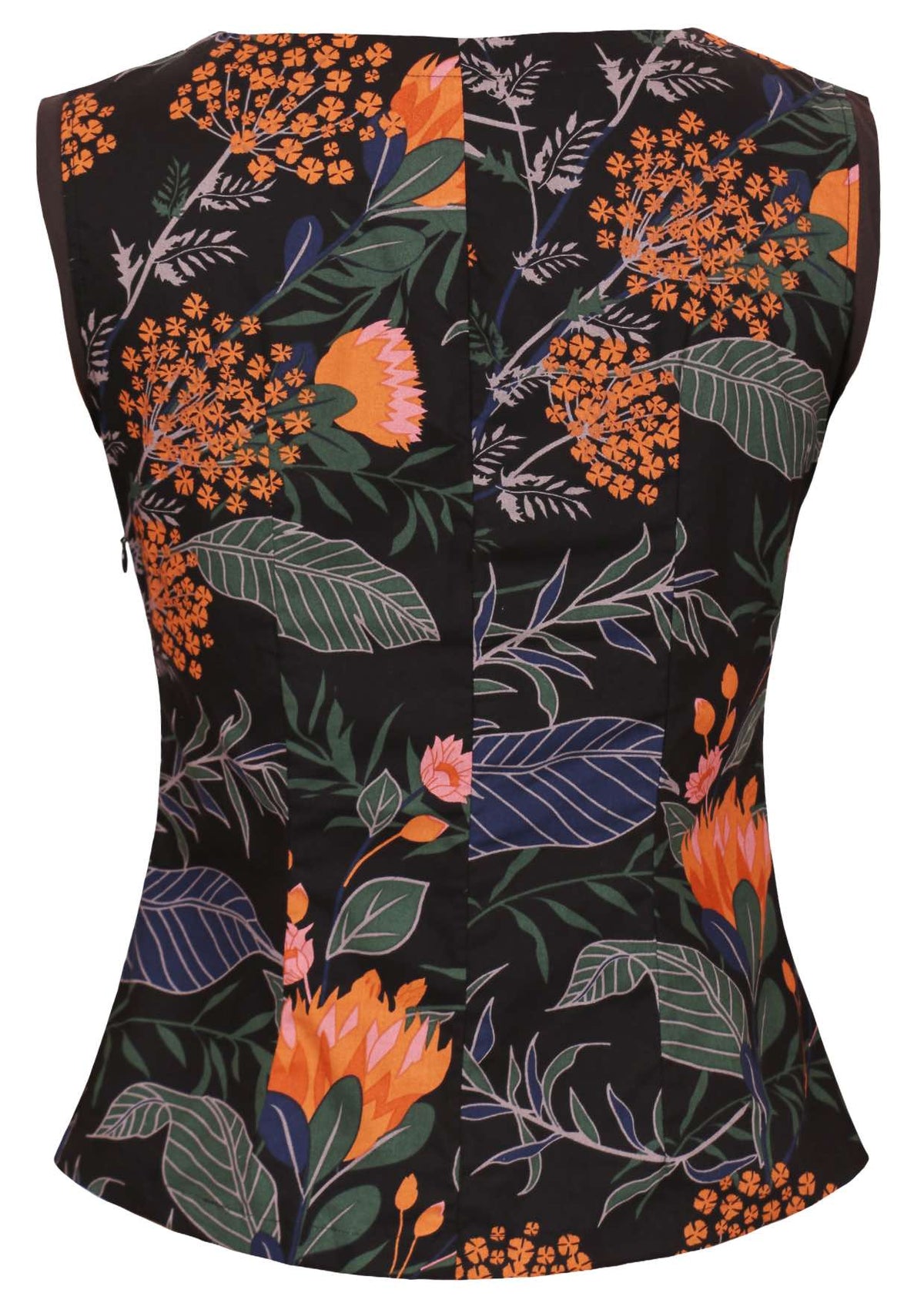 Sleeveless cotton top with a green, blue and orange floral print on a black background