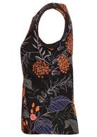Sleeveless cotton top with a green, blue and orange floral print on a black background, with a hidden side zip