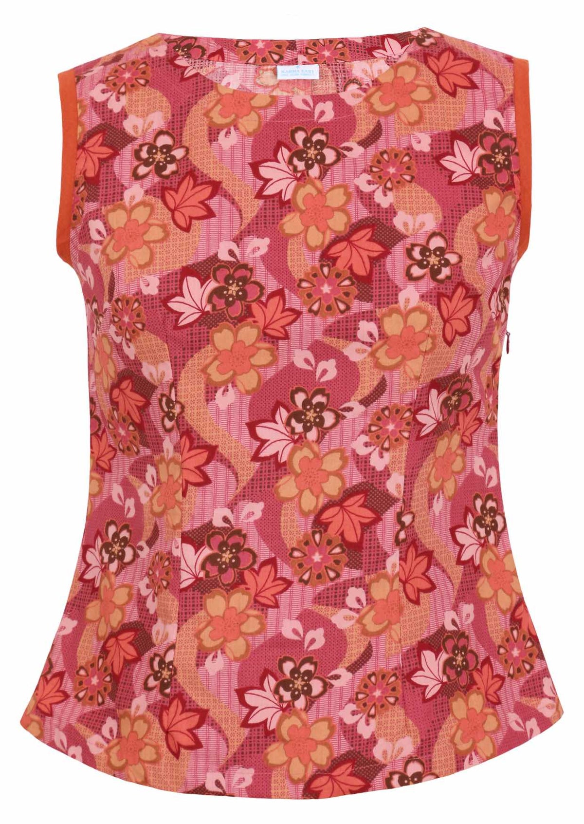 Round neckline cotton top with Japanese-style print in pink, maroon, brown, peach, and khaki tones.