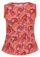 Round neckline cotton top with Japanese-style print in pink, maroon, brown, peach, and khaki tones.
