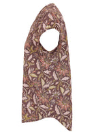 Cotton short sleeve top in taupe based floral print with ruched shoulders and longer at the back