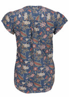 Cotton floral print blouse with cap sleeves and gather in centre at back