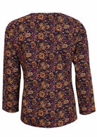 Lightweight cotton top with pink, cream and tan floral print on dark purple base base.